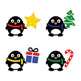 Christmas cute penguin vector icons set