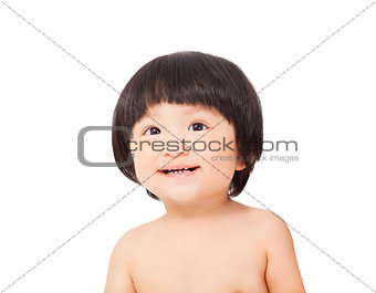 closeup of happy baby looking up. isolated on white background