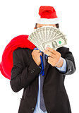 business man holding a christmas gift bag and money 