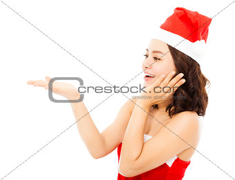 happy young woman raising hand to show something