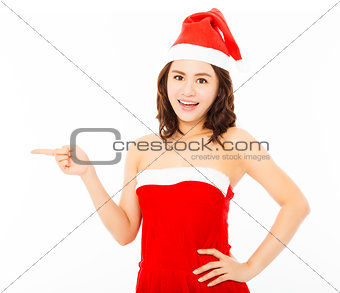 happy young woman wearing christmas suit with santa cap