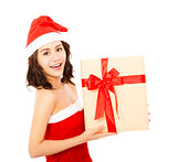 happy young woman with christmas gift box over white background
