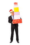 happy businessman holding gift boxes . isolated on white