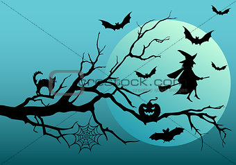 Halloween witch and bats, vector