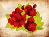 Grunge red roses with leaves
