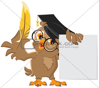 Wise owl holding a golden pen and a sheet of paper