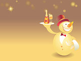 Snowman-waiter with champagne on gold