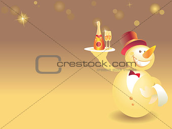 Snowman-waiter with champagne on gold