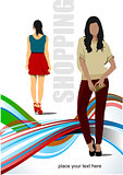 Two cute shopping ladys. Vector colored illustration