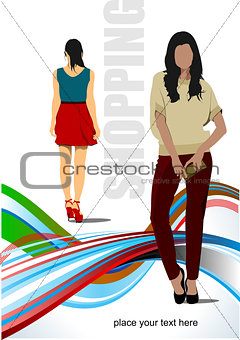 Two cute shopping ladys. Vector colored illustration