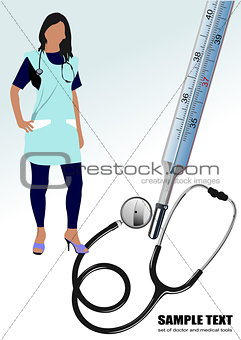 Medical nurse stethoscope and thermometer. Vector illustration