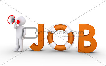 JOB word with lifebelt and person with megaphone