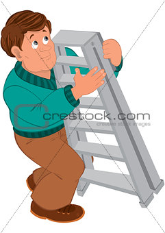 Cartoon man with brown hair in green sweater holding ladder