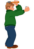 Cartoon man with brown hair in green sweater with hummer