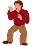 Cartoon man with brown hair in red sweater with open mouth