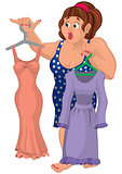 Cartoon overweight young woman holding dresses