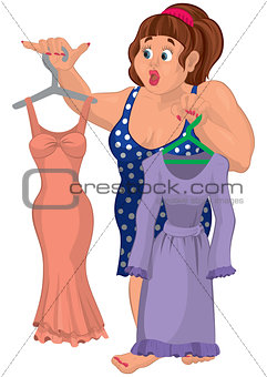 Cartoon overweight young woman holding dresses