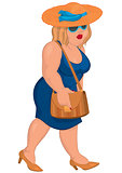 Cartoon overweight young woman in blue dress and straw hat