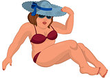 Cartoon overweight young woman in red swimsuit and hat