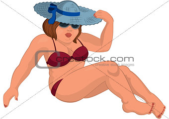 Cartoon overweight young woman in red swimsuit and hat