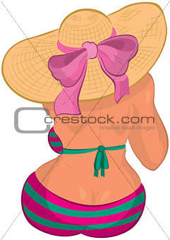Cartoon overweight young woman in swimsuit and straw hat sitting