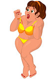 Cartoon overweight young woman in yellow swimsuit excited