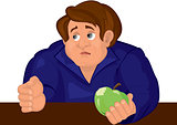 Cartoon sad man torso in blue top with apple