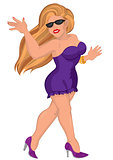Cartoon sexy young woman in purple mini dress walking