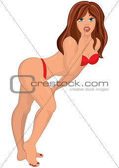 Cartoon sexy young woman in red bikini swimsuit
