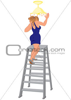 Cartoon woman in blue dress on the ladder fixing light