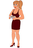 Cartoon woman in brown dress with plate of soup
