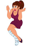 Cartoon woman in burgundy dress with injures leg