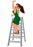 Cartoon woman in green dress falling down from the ladder