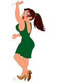 Cartoon woman in green dress falling down