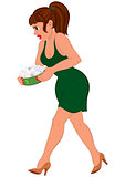 Cartoon woman in green dress with bowl filled with ice