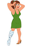 Cartoon woman in green dress with injured leg