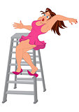 Cartoon woman in pink dress falling down from ladder