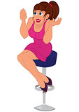 Cartoon woman in pink dress sitting on bar stool
