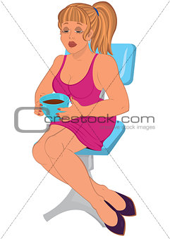 Cartoon woman in pink dress sitting on blue chair with coffee