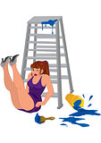 Cartoon woman in purple dress legs up near the ladder