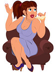 Cartoon woman in purple dress sitting on the couch eating