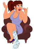 Cartoon woman in purple dress sitting on the couch with injured 