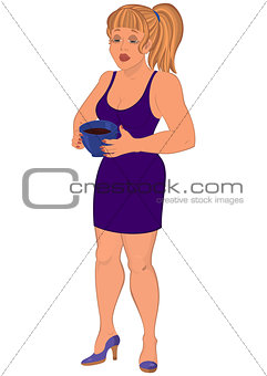 Cartoon woman in purple dress with cap of coffee