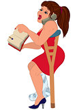 Cartoon woman in red dress injured talking on the phone and hold