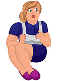 Cartoon young fat woman in apron and slippers sitting
