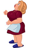 Cartoon young fat woman in apron looking up