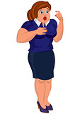 Cartoon young fat woman in blue top and skirt surprised