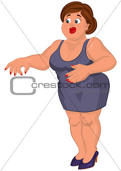 Cartoon young fat woman in gray dress disgusted
