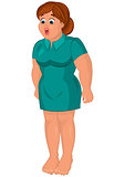 Cartoon young fat woman in green dress barefoot