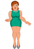 Cartoon young fat woman in green dress front view